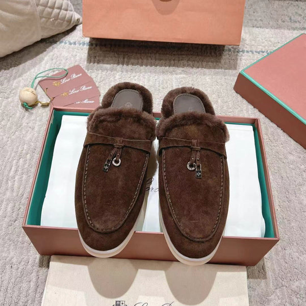 LP Charms Walk Babouche Loafer Bottele Brown Suede With Rabbit Fur Lining 206245