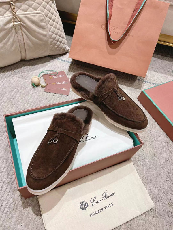 LP Charms Walk Babouche Loafer Bottele Brown Suede With Rabbit Fur Lining 206245