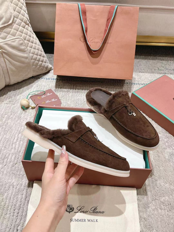 LP Charms Walk Babouche Loafer Bottele Brown Suede With Rabbit Fur Lining 206245