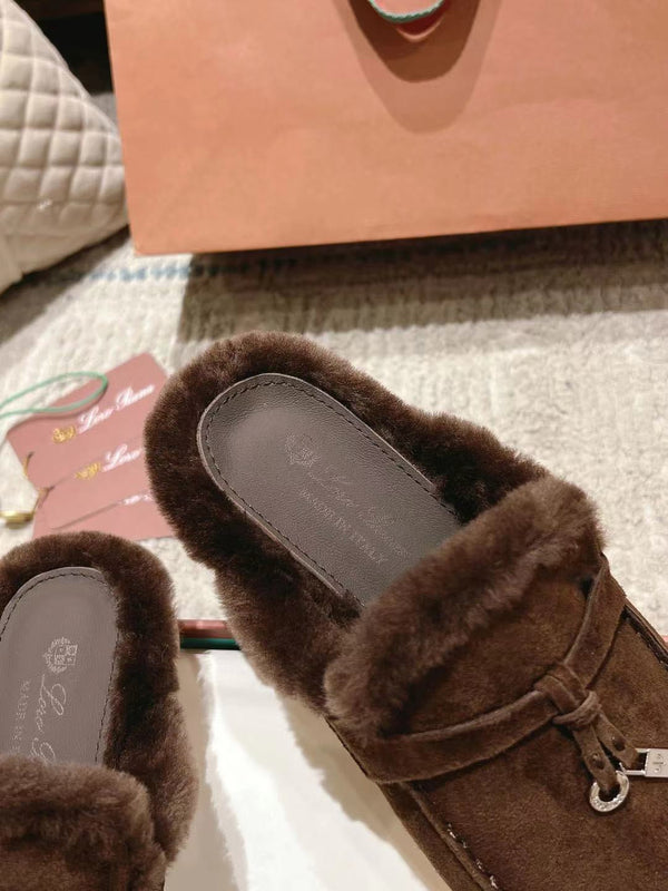 LP Charms Walk Babouche Loafer Bottele Brown Suede With Rabbit Fur Lining 206245