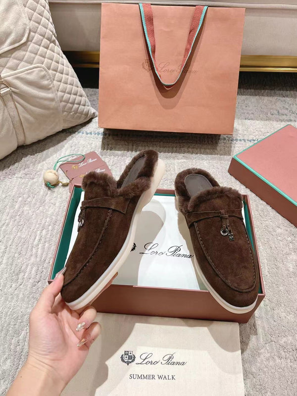 LP Charms Walk Babouche Loafer Bottele Brown Suede With Rabbit Fur Lining 206245