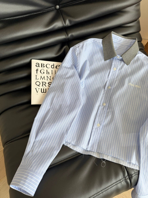 Miu Miu 25 Knitted Collar Patchwork Striped Shirt Blue Gray Cotton