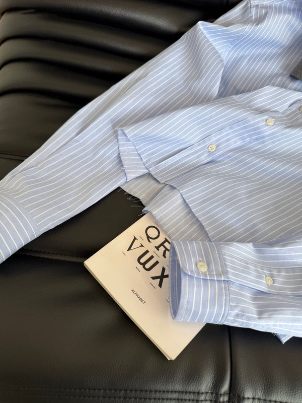 Miu Miu 25 Knitted Collar Patchwork Striped Shirt Blue Gray Cotton