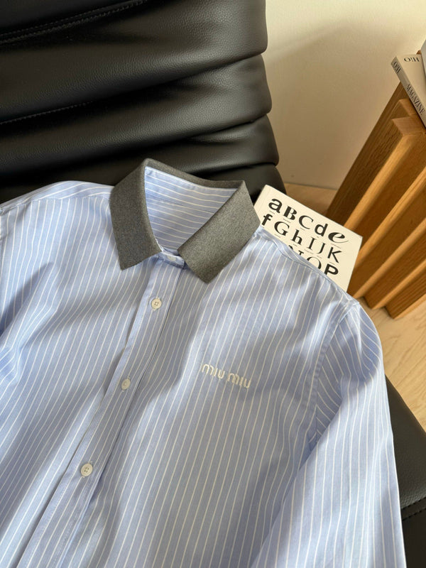 Miu Miu 25 Knitted Collar Patchwork Striped Shirt Blue Gray Cotton