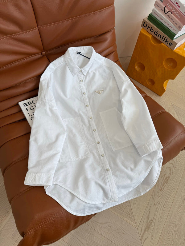 Prada 25 Long Sleeve Shirt With Triangle Logo White Cotton