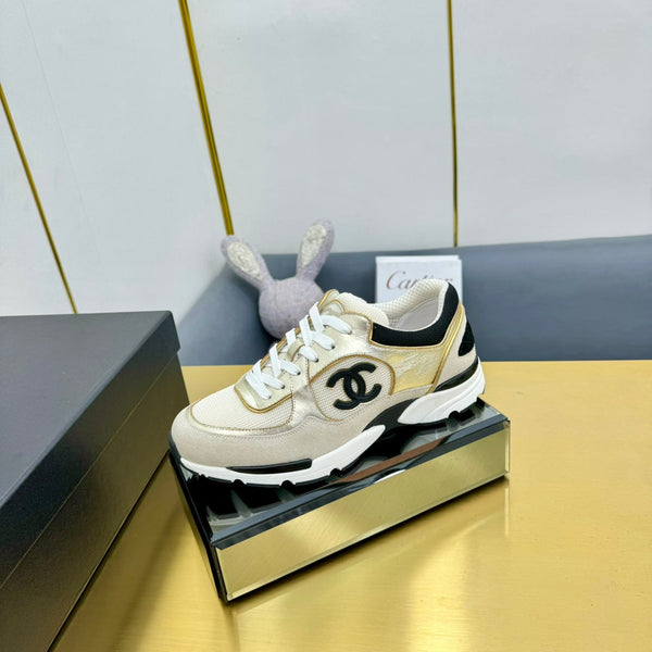 cc womens sneaker in light gold wool tweed gold calfskin and beige suede calfskin 137569