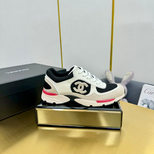 cc womens sneaker in black wool tweed and white beige suede calfskin 137573