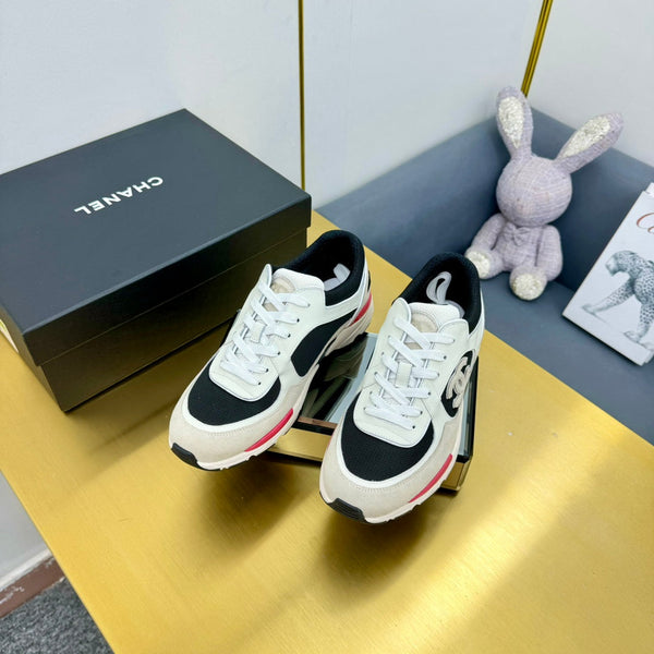 cc womens sneaker in black wool tweed and white beige suede calfskin 137573