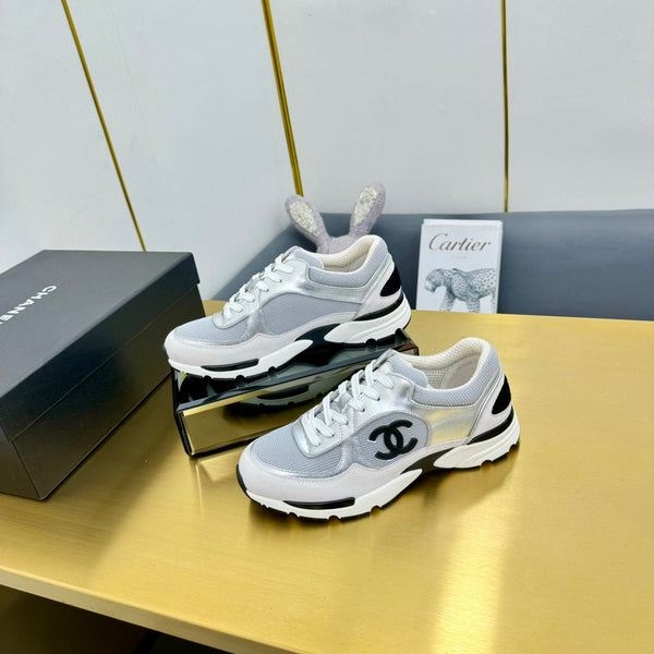 cc womens sneaker in grey wool tweed silver calfskin and beige suede calfskin 137575