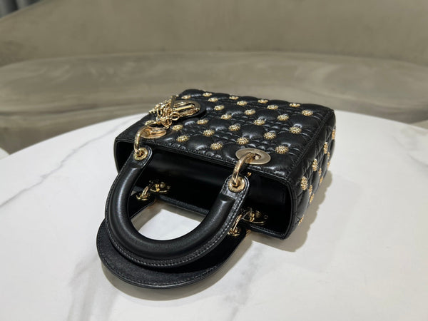 CD Lady Dior Black Cannage Lambskin with Gold-Finish Butterfly Studs