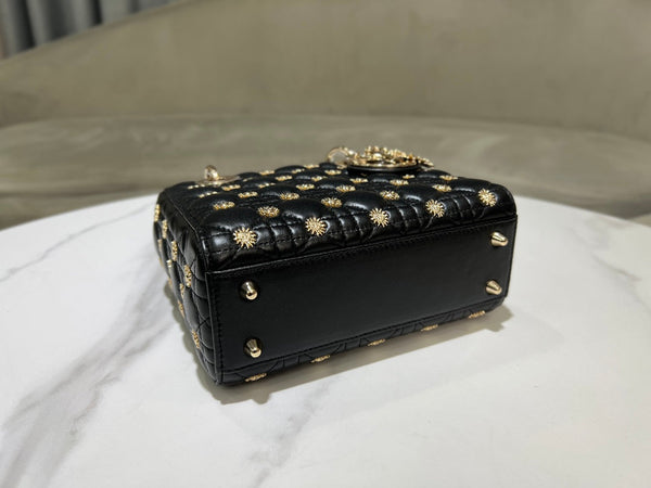 CD Lady Dior Black Cannage Lambskin with Gold-Finish Butterfly Studs
