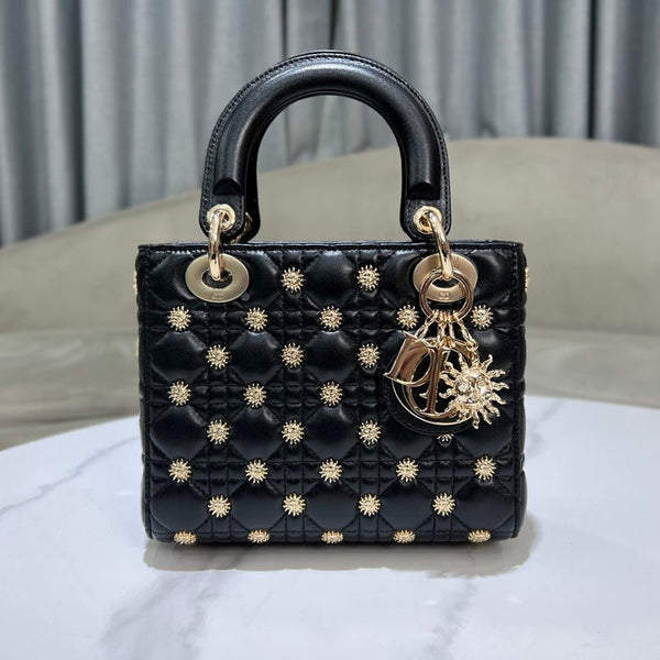 CD Lady Dior Black Cannage Lambskin with Gold-Finish Butterfly Studs