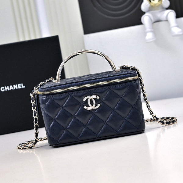 CC 24K Vanity Top Handle 17cm Blue Lambskin Silver Hardware