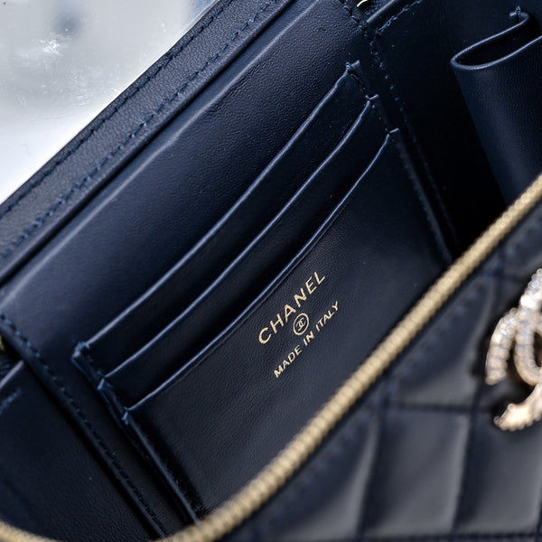 CC 24K Vanity Top Handle 17cm Blue Lambskin Silver Hardware