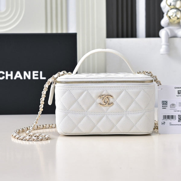 CC 25C Vanity Top Handle 17cm White Grained Calfskin Light Gold Hardware