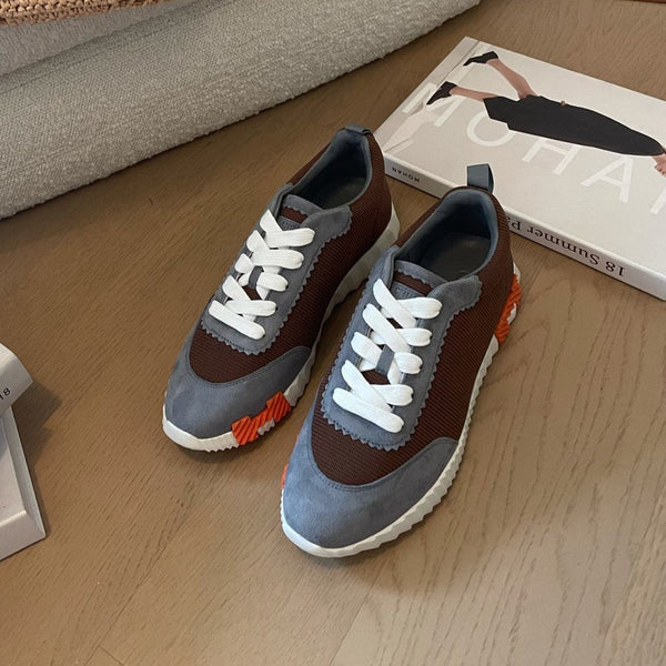 Sneakers HM Bouncing 35 in tela color cioccolato, scamosciato grigio, pelle di capra, arancione H