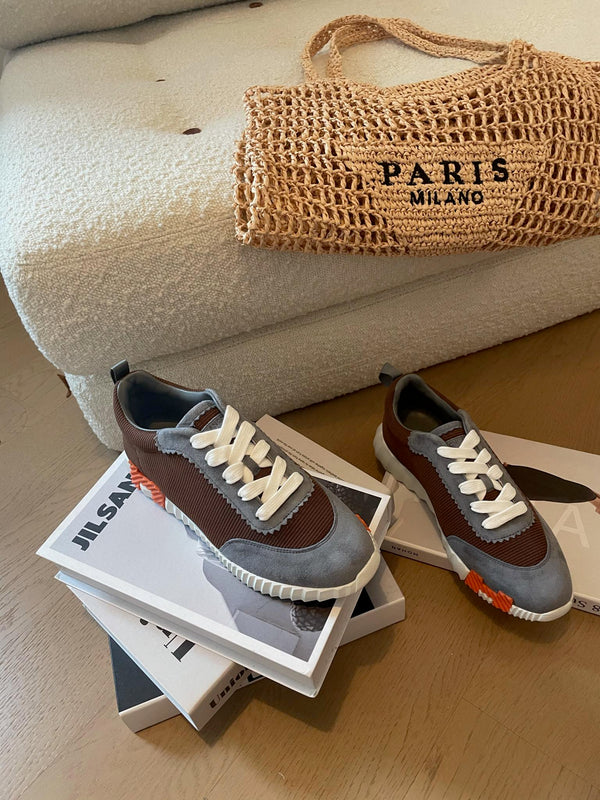 Sneakers HM Bouncing 35 in tela color cioccolato, scamosciato grigio, pelle di capra, arancione H