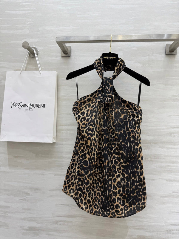 YSL 25 Gilet con bretelle e scollo all'americana in seta leopardata