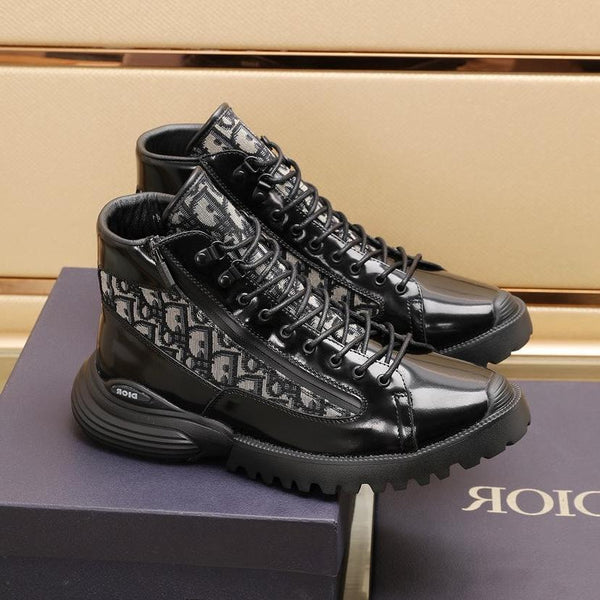 CD COMBAT ANKLE BOOT BLACK AND BEIGE POLISHED CALFSKIN