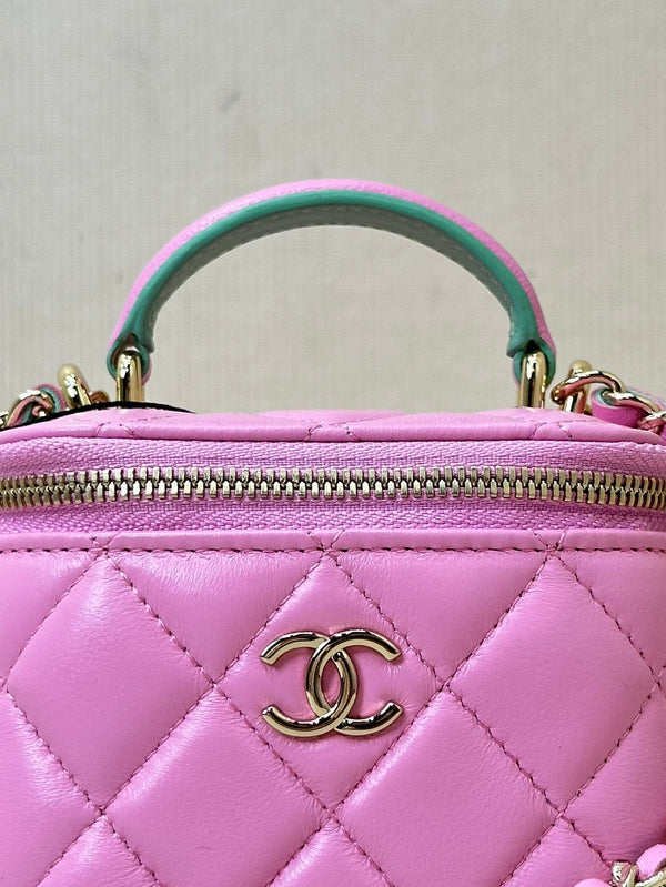 vanity shoulder bag top handle 10cm pink green lambskin