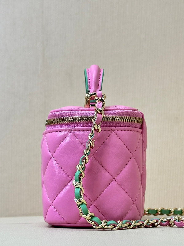vanity shoulder bag top handle 10cm pink green lambskin