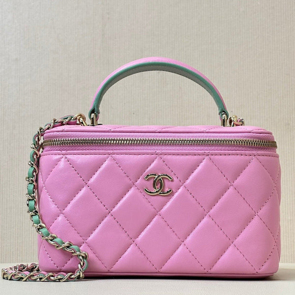 vanity shoulder bag top handle 17cm pink green lambskin