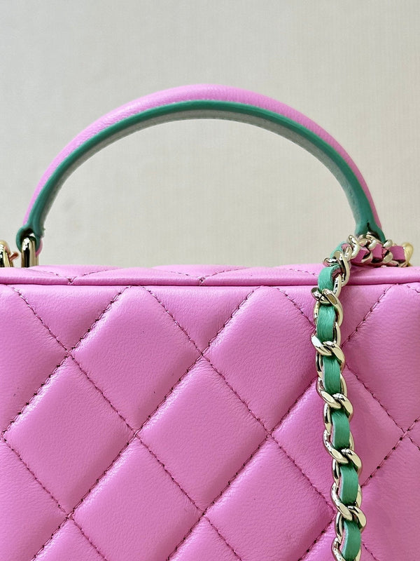 vanity shoulder bag top handle 17cm pink green lambskin