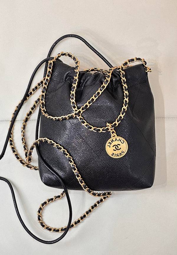 CC 22 Hobo Bag 19cm Black Grained Calfskin Gold Hardware