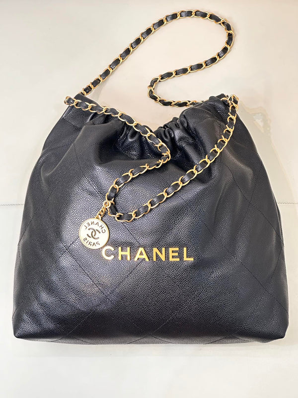 CC 22 Hobo Bag 42cm Black Grained Calfskin Gold Hardware