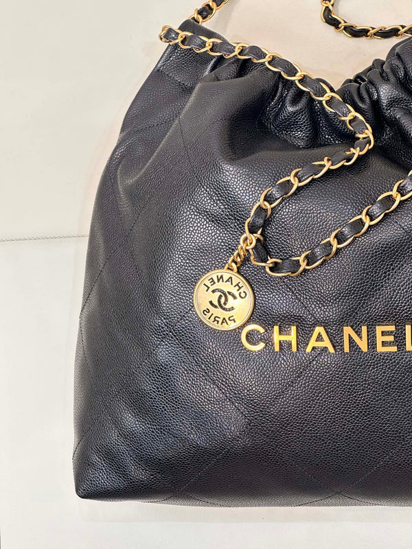 CC 22 Hobo Bag 42cm Black Grained Calfskin Gold Hardware