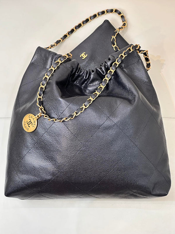 CC 22 Hobo Bag 42cm Black Grained Calfskin Gold Hardware
