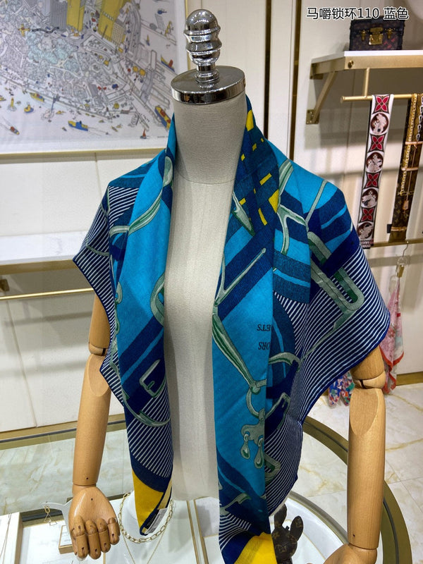 Mors a Jouets Chemise Shawl 110 CM In Blue Colorful Cashmere And Mulberry Silk 253303