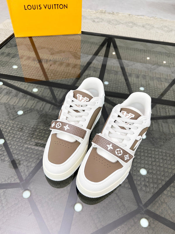 LV TRAINER SNEAKER WHITE CALFSKIN MIX CAMEL BEIGE SUEDE