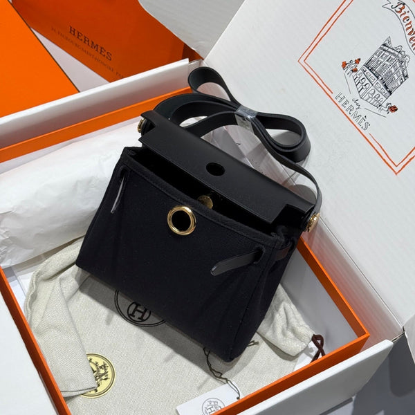 HM Mini Herbag Gold Buckle 20 Black Canvas and Hunter Cowhide 243310