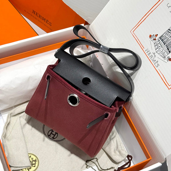 HM Mini Herbag Silver Buckle 20 Burgundy Canvas and Hunter Cowhide 243370