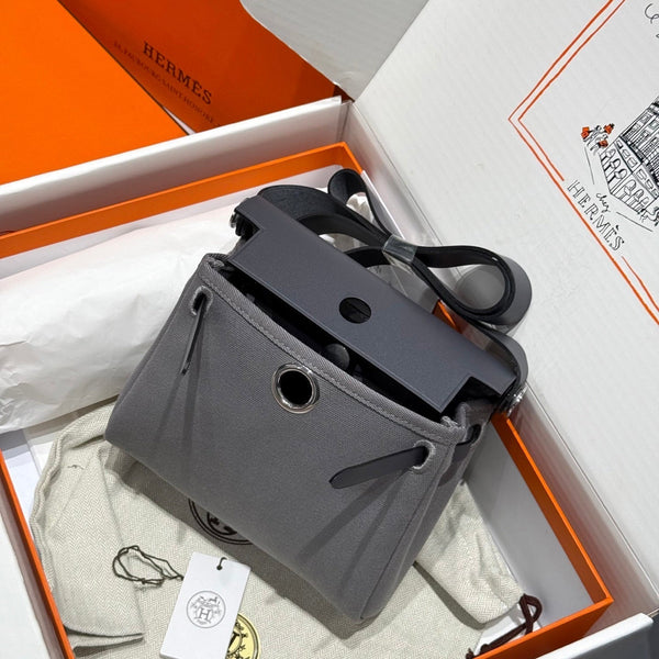 HM Mini Herbag Silver Buckle 20 Gray Canvas and Hunter Cowhide 243265