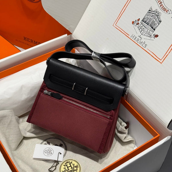 HM Mini Herbag Silver Buckle 20 Burgundy Canvas and Hunter Cowhide 243370