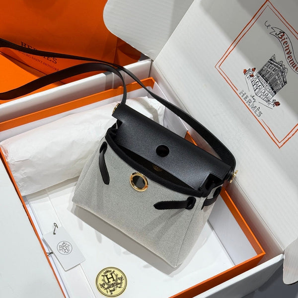 HM Mini Herbag Gold Buckle 20 Ecru White Canvas and Hunter Cowhide 243226