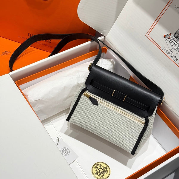 HM Mini Herbag Gold Buckle 20 Ecru White Canvas and Hunter Cowhide 243226