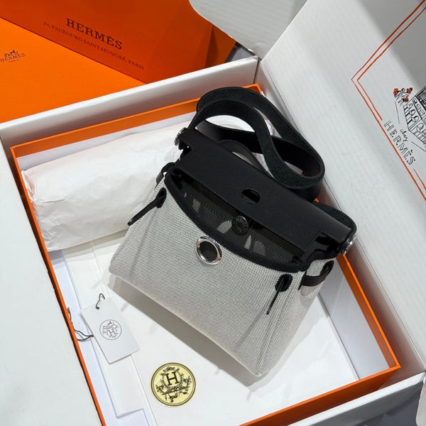 HM Mini Herbag Silver Buckle 20 Ecru White Canvas and Hunter Cowhide 243231