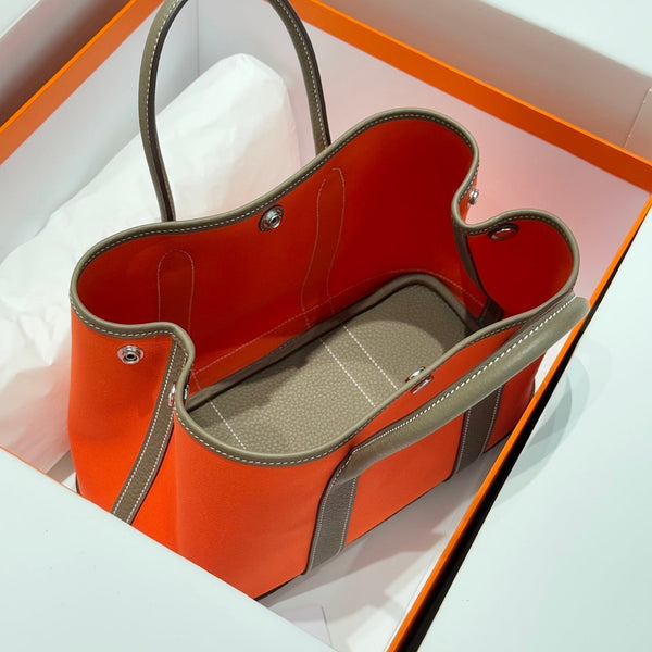 HM Garden Party 30cm Bag Etoupe Togo Orange Canvas