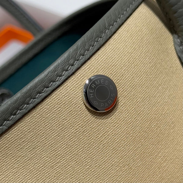 HM Garden Party 30cm Bag Vert Amande Togo Beige Canvas