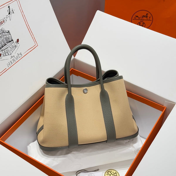 HM Garden Party 30cm Bag Vert Amande Togo Beige Canvas