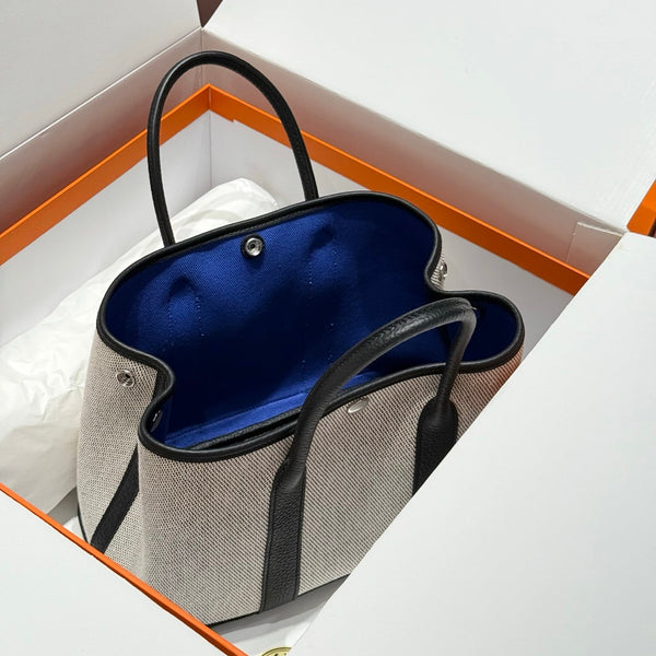 HM Garden Party 30cm Bag Black Togo Dark Grey Canvas