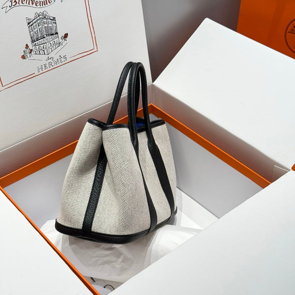 HM Garden Party 30cm Bag Black Togo Dark Grey Canvas