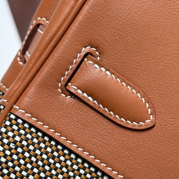 HM Birkin 30cm Golden Brown Swift Cowhide With Waffe Brown Canvas Fabric Ghw 249972