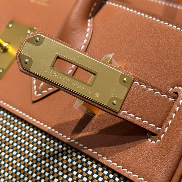 HM Birkin 30cm Golden Brown Swift Cowhide With Waffe Brown Canvas Fabric Ghw 249972