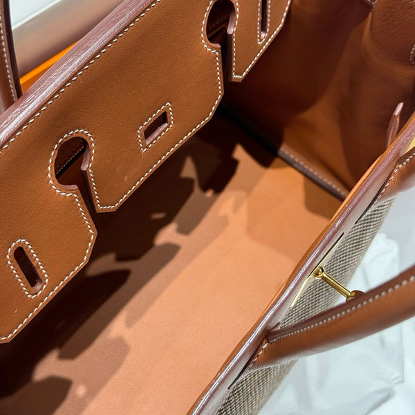 HM Birkin 30cm Gold Swift Leather Brown Canvas Gold Hardware