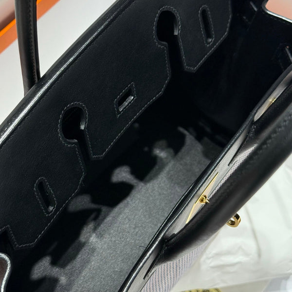 HM Birkin 30cm Black Swift Cowhide With Waffle Light Pink Canvas Fabric Ghw 249973