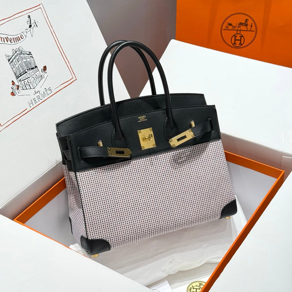 HM Birkin 30cm Black Swift Cowhide With Waffle Light Pink Canvas Fabric Ghw 249973
